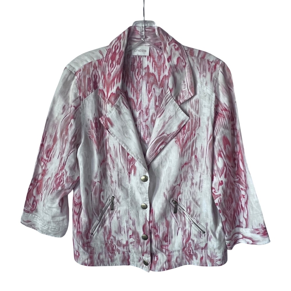 Chicos Orange & Cream Ikat Print Linen Blend Button Jacket 3/4 Sleeve Small